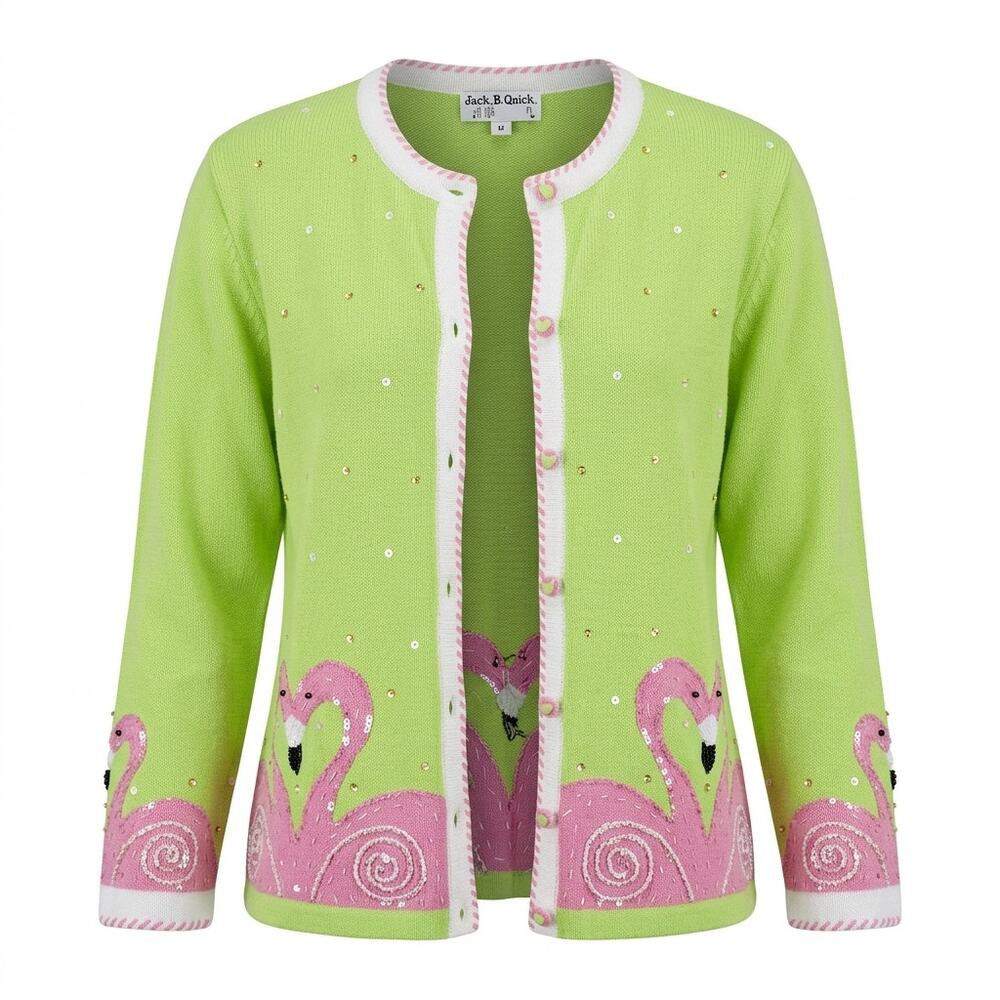 Vintage Jack B. Quick Green Sequin Beaded Crew Neck Sweater Women Size M